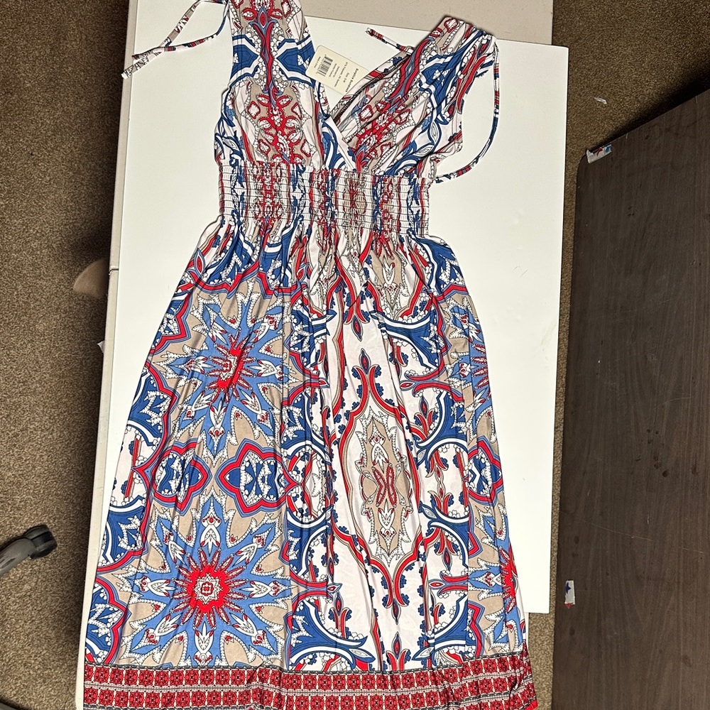 Red and White Smocked Ruched Midi Sundress